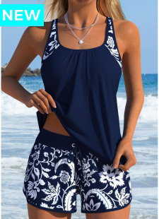Navy Mid Waisted Pocket Random Floral Print Tankini Set