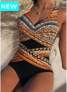 Black Surplice Tribal Print One Piece Swimwear