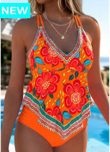 Orange Mid Waisted Ruched/shirred Floral Print Tankini Set