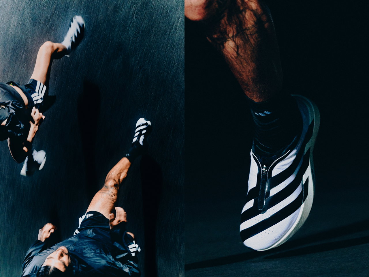 Two people running and a close up of the adizero evo sl ZIP footwear