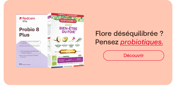 Deux produits probiotiques sont présentés sur un fond clair : Redcare Vita Probio 8 Plus et Superdiet Bien-être du foie. À côté, un message invite à découvrir des solutions probiotiques pour aider à rééquilibrer la flore intestinale.