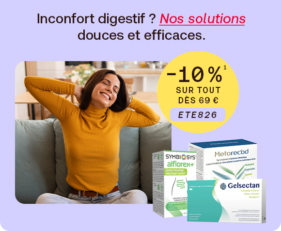 Une femme souriante est assise détendue sur un canapé, à côté des produits Metarecod, Gelsectan et Alflorex pour les inconforts digestifs. Bannière annonçant 10 % de réduction dès 69 CHF avec le code ETE826. Découvrez des solutions douces et efficaces pour votre bien-être.