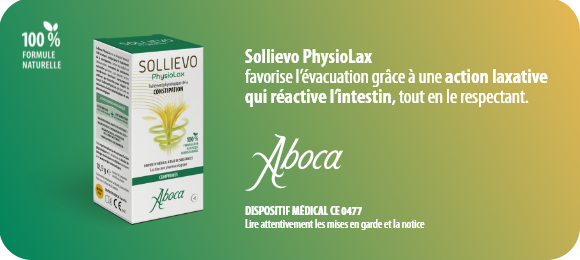 Une boîte de Sollievo PhysioLax est présentée à gauche sur un fond vert dégradé avec la mention « 100 % FORMULE NATURELLE ». À droite, le texte « Sollievo PhysioLax favorise l’évacuation grâce à une action laxative qui réactive l’intestin, tout en le respectant. » apparaît au-dessus du logo Aboca. En bas figurent « DISPOSITIF MÉDICAL CE 0477 » et « Lire attentivement les mises en garde et la notice »