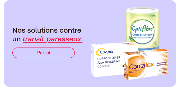 Trois produits contre la constipation sont présentés : Optifibre, les suppositoires à la glycérine Cooper et Contalax. La bannière invite à découvrir des solutions adaptées pour favoriser un transit intestinal plus régulier en douceur.