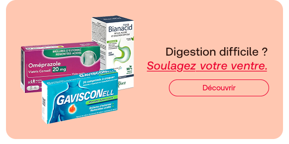 Trois produits contre les troubles digestifs sont présentés : Oméprazole Viatris, Gavisconell et Neo Bianacid. La bannière invite à découvrir des solutions pour soulager les brûlures d’estomac, le reflux acide et les inconforts digestifs.