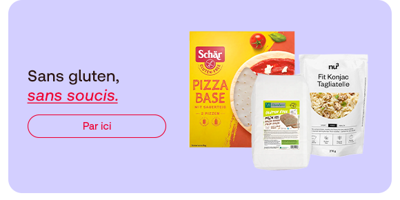 Trois produits sans gluten sont présentés : une base à pizza Schär, un pain sans gluten et des tagliatelles Fit Konjac nu3. La bannière invite à découvrir des alternatives sans gluten pour un plaisir au quotidien, sans souci.