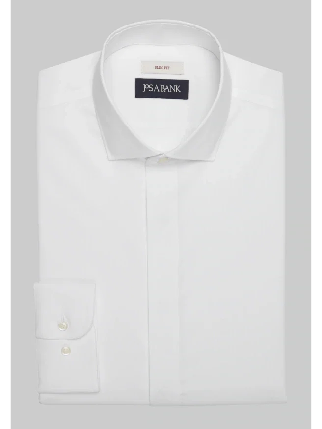 Jos. A. Bank Slim Fit Spread Collar Covered Placket Solid Dress Shirt