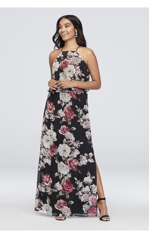 High-Neck Floral Printed Chiffon Sheath Dress