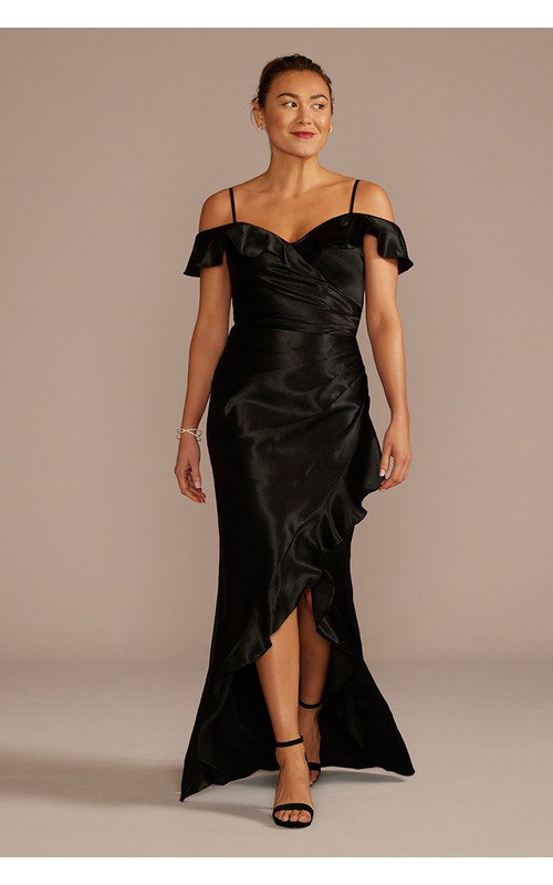Off-Shoulder Ruffle Textured Satin Sheath Dress