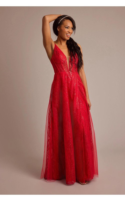 Patterned Sequin A-Line Dress with Plunge Neckline