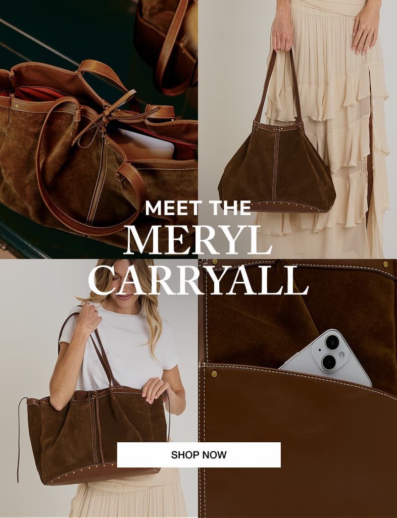 Collage featuring the Hammitt Meryl Carryall in Cinnamon Suede, showcasing multiple lifestyle angles, spacious interior, oversized silhouette, exterior pockets, signature mini rivets, and leather trim.