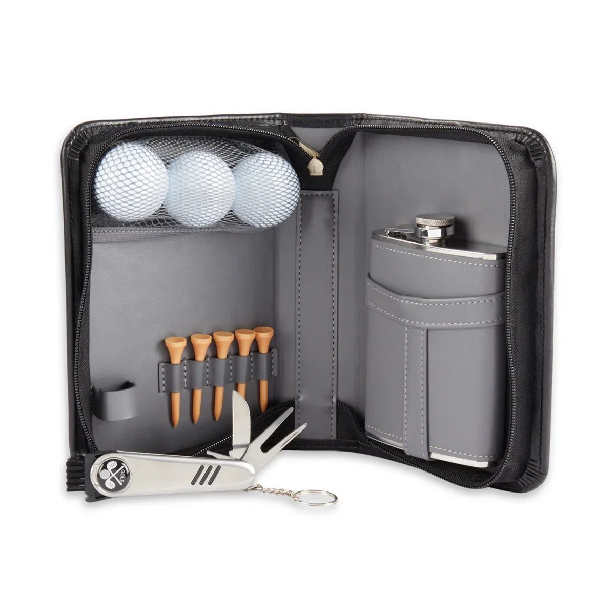 Image of 9 Pc. Black Leather Travel Golf Set with Flask