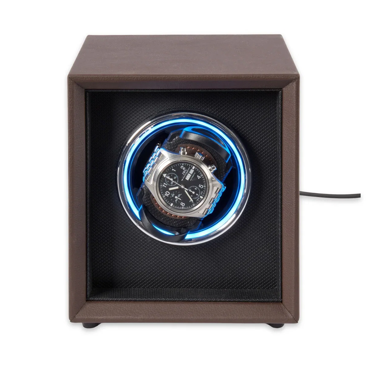 Image of Single Brown Leather Watch Winder with Color Changing Light
