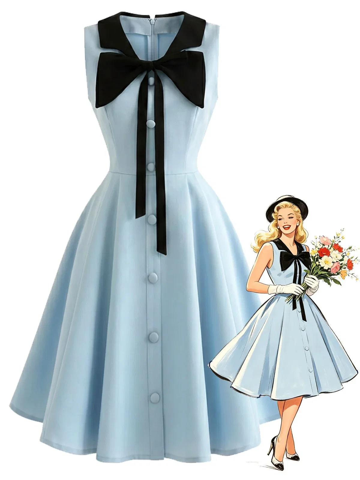 [Pre-Sale] Blue 1950s Sleeveless Bow Tie Collar Dress with Pockets