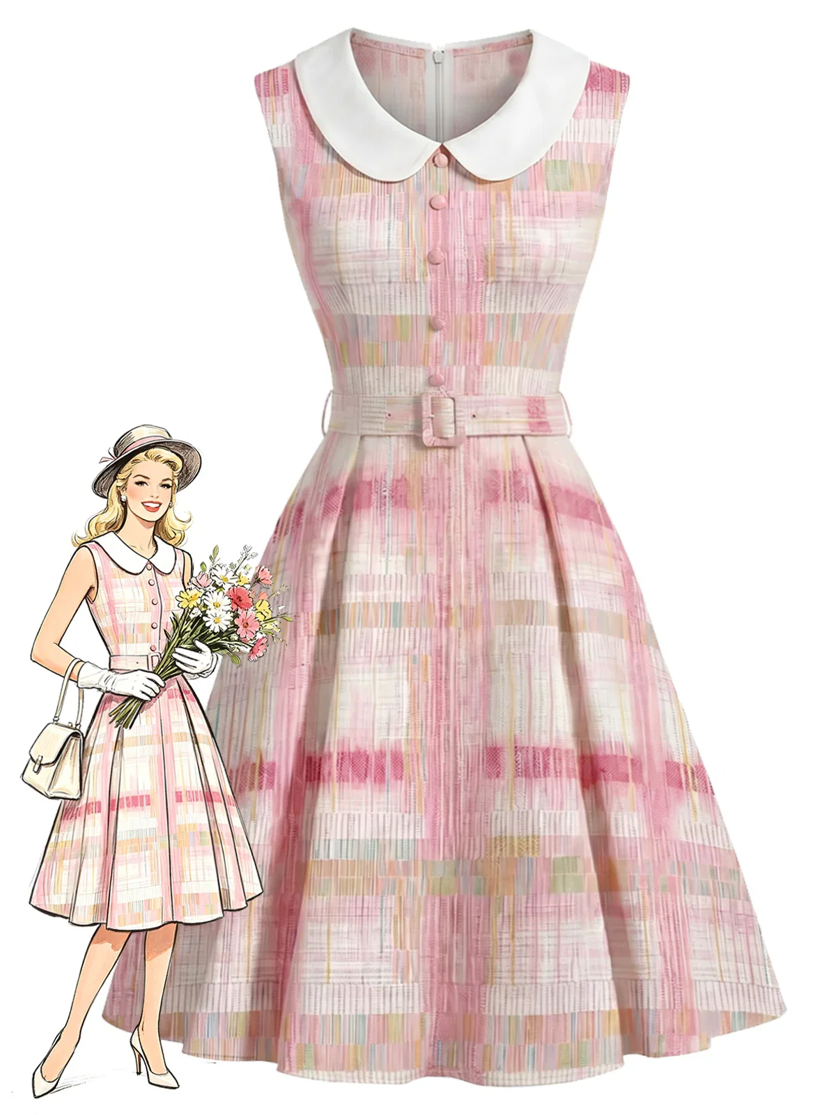 Pink 1950s Plaid Peter Pan Collar Sleeveless Dress
