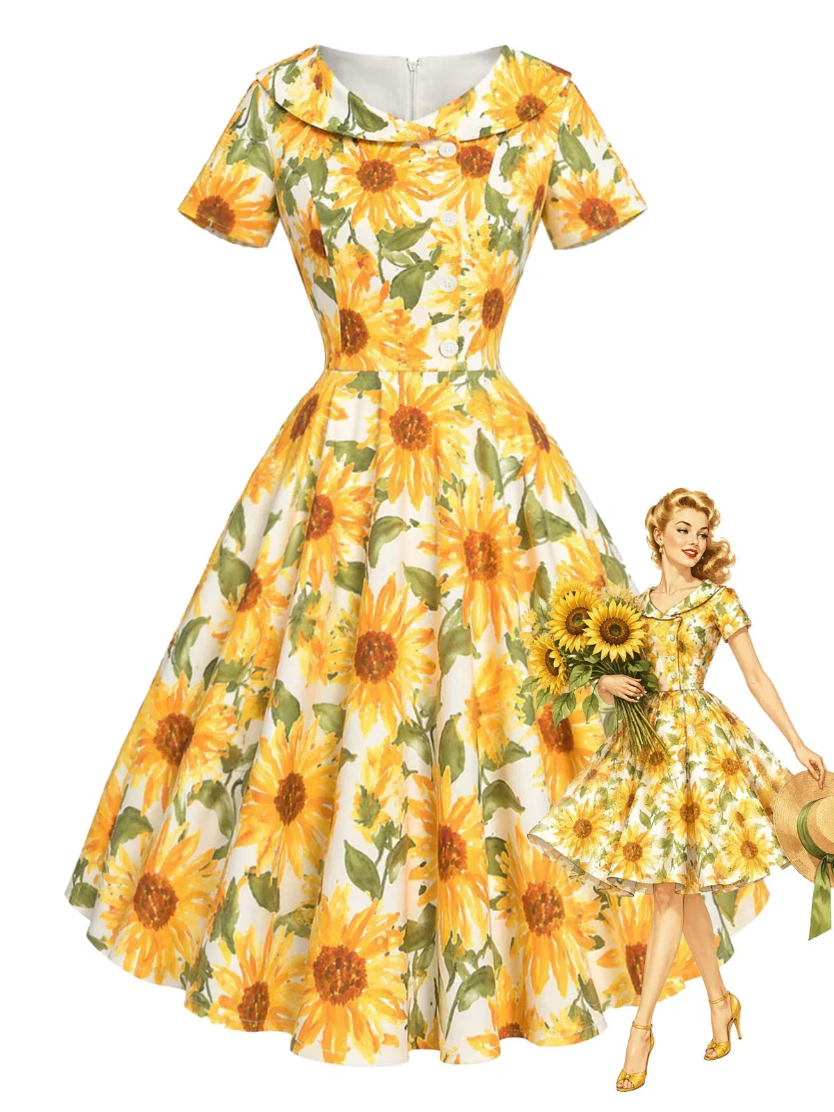 [Pre-Sale] Yellow 1950s Sunflower Print Peter Pan Collar Swing Dress