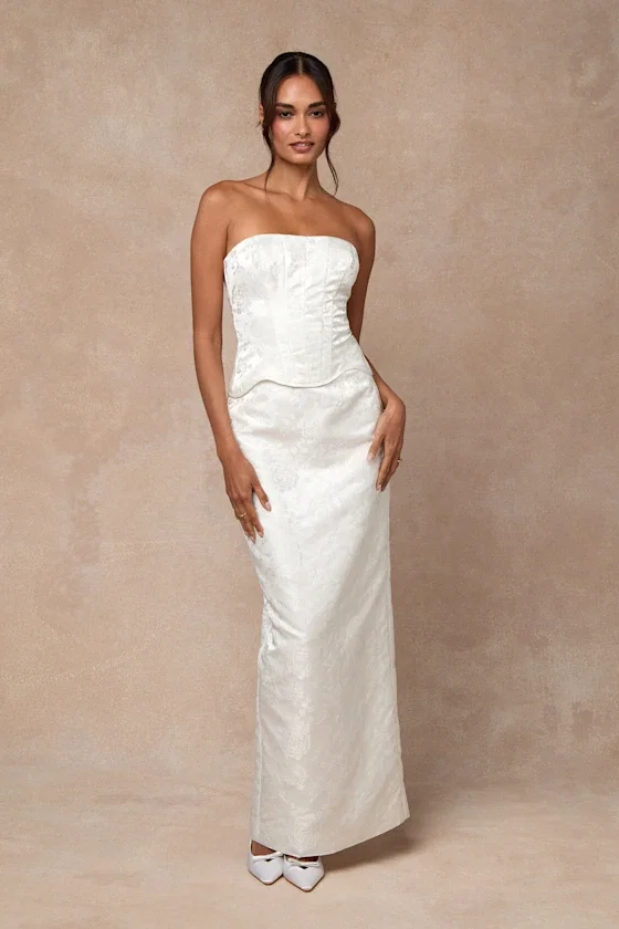 Image of Melva White Satin Jacquard Two-Piece Bustier Maxi Dress
