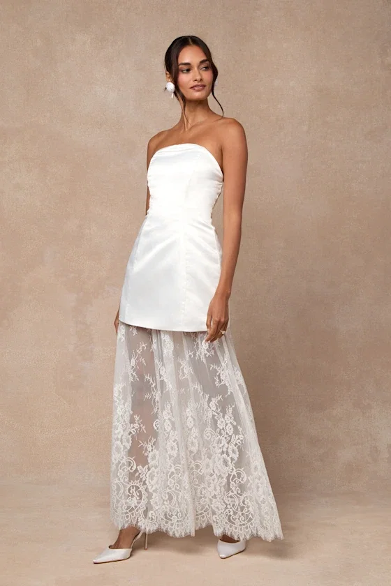 Image of Winslet White Satin Sheer Hem Strapless Maxi Dress