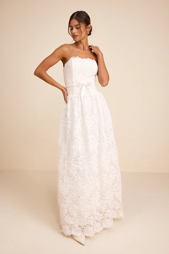 Image of Gabby White Crochet Lace Strapless Maxi Dress