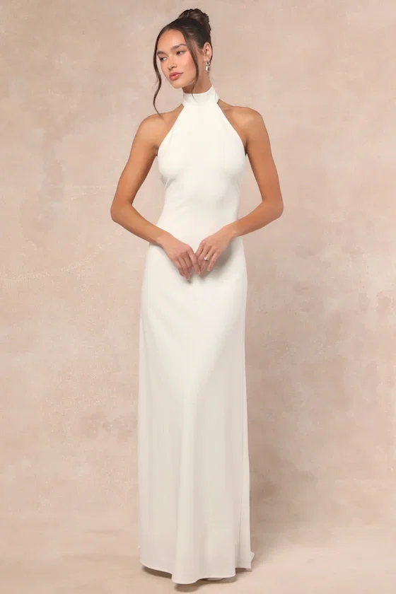 Image of Alaura White Backless Halter Maxi Dress