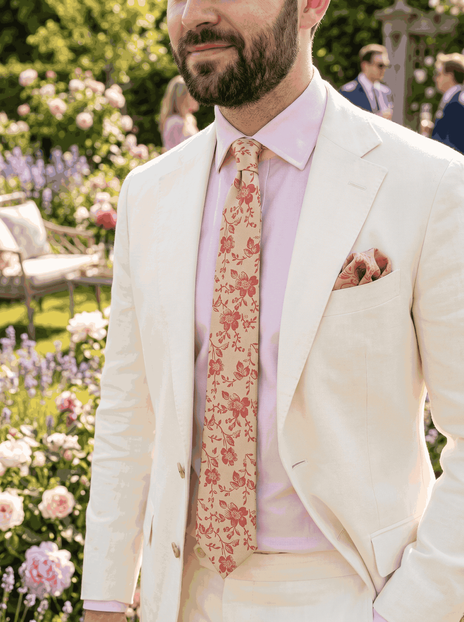 Cream & Red Skinny Floral Polyester Tie
