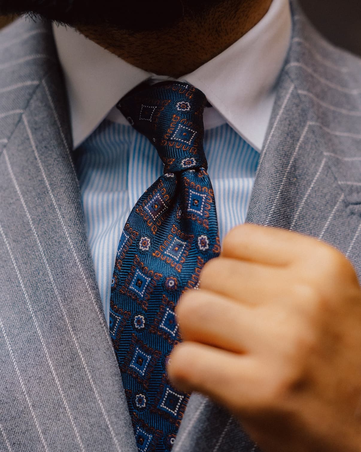 Navy, Brown & White Geometric Foulard Patterned Silk Tie 