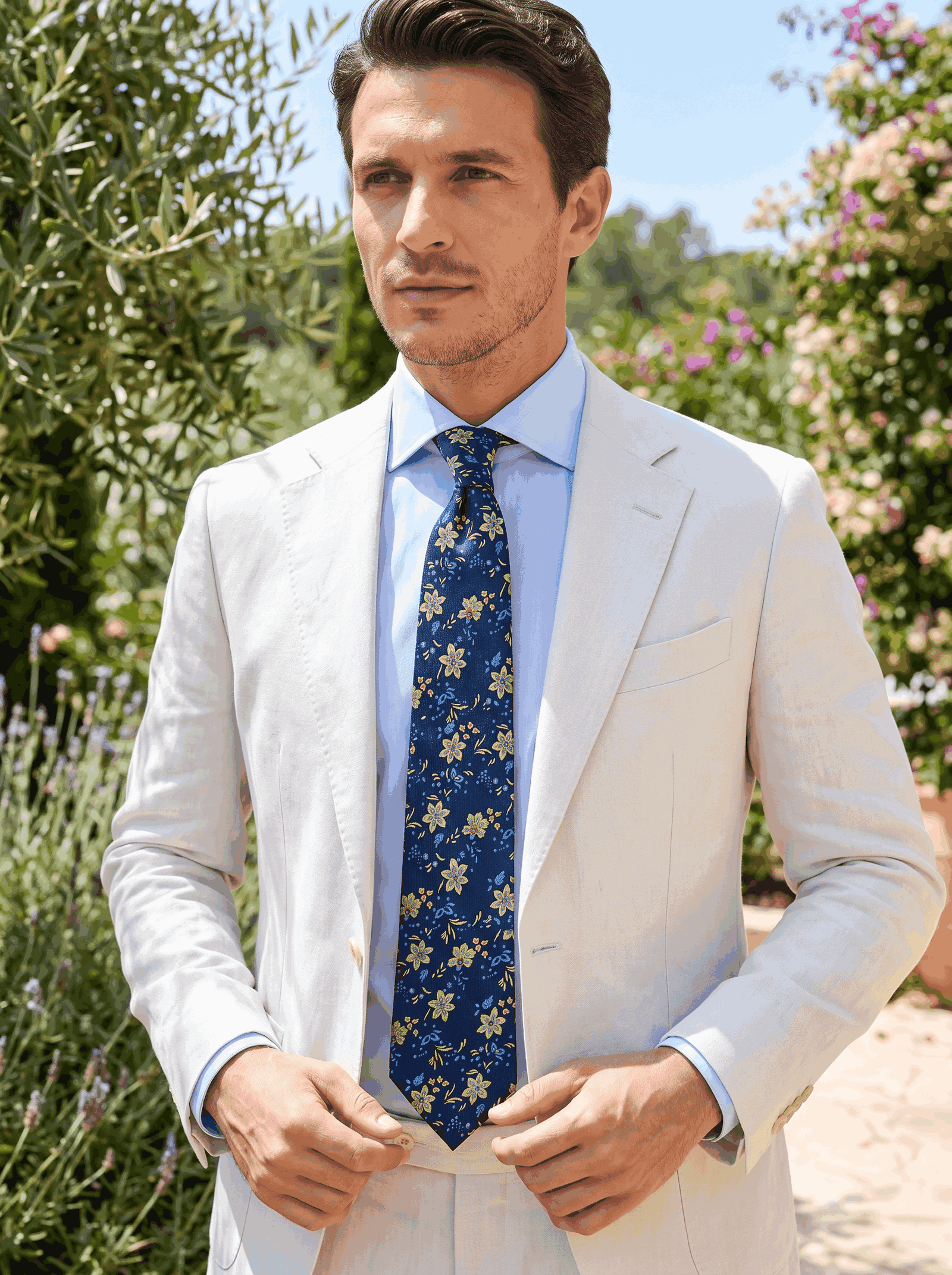 Navy, Yellow & Light Blue Floral Silk Tie 