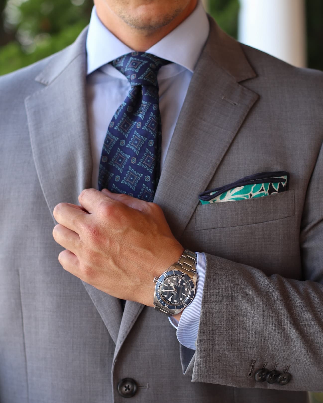 Navy, Turquoise & White Geometric Foulard Patterned Silk Tie