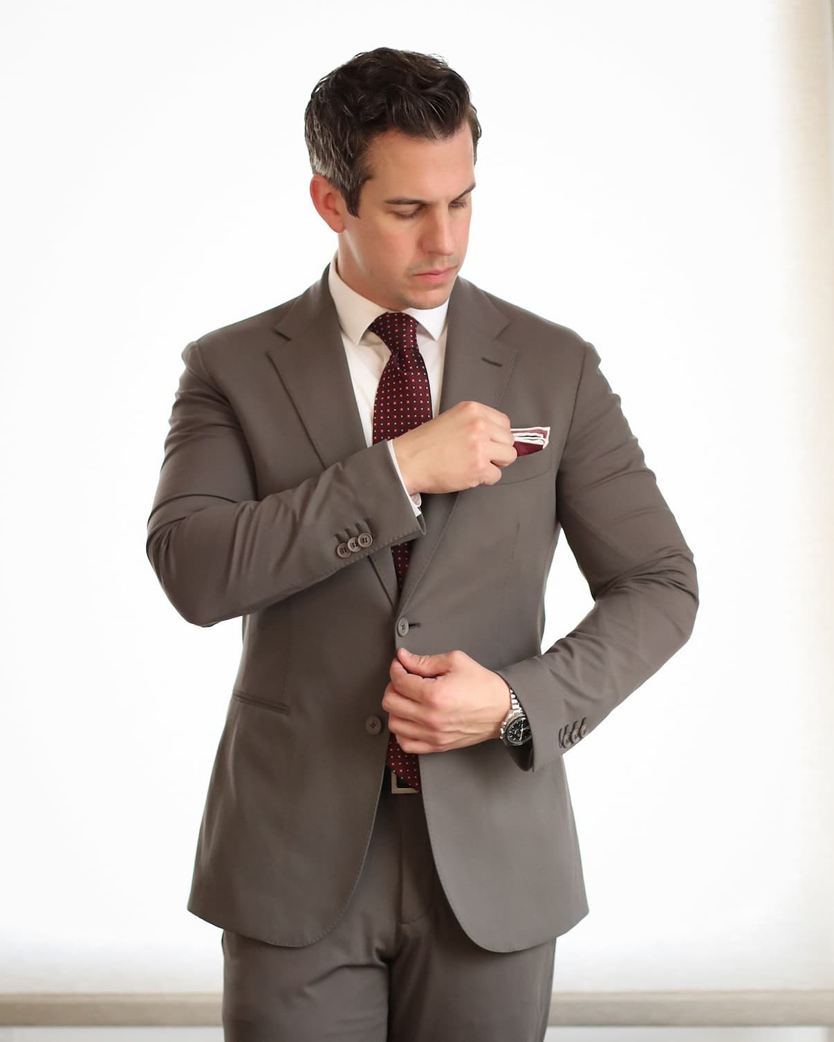Burgundy, Red & Light Blue Foulard Pattern Silk Tie 