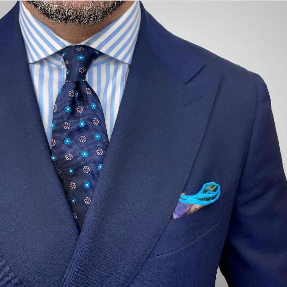 Navy & Turquoise Geometric Foulard Pattern Silk Tie
