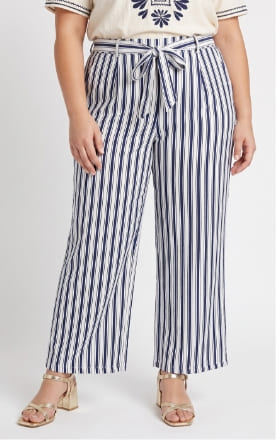 Pantalon rayé ceinturé, fils métallisés
