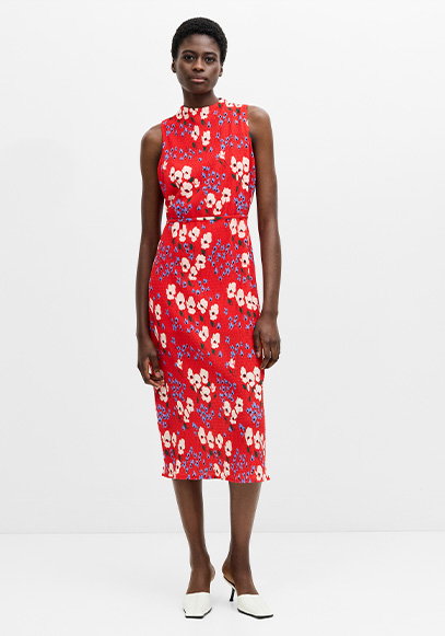 Scarlett Red Crinkle Floral Midi Dress