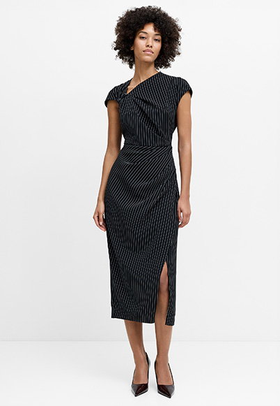 Vinnie Black Pinstripe Draped Midi Dress