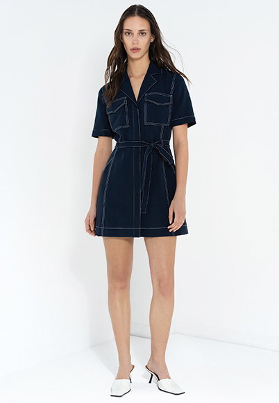 Azra Contrast Stitch Belted Navy Blue Mini Dress