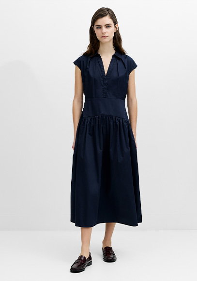 Alexis Navy Blue Poplin Drop Waist Midi Dress