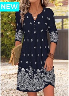 Navy Tribal Print Short Patchwork Long Sleeve Dress