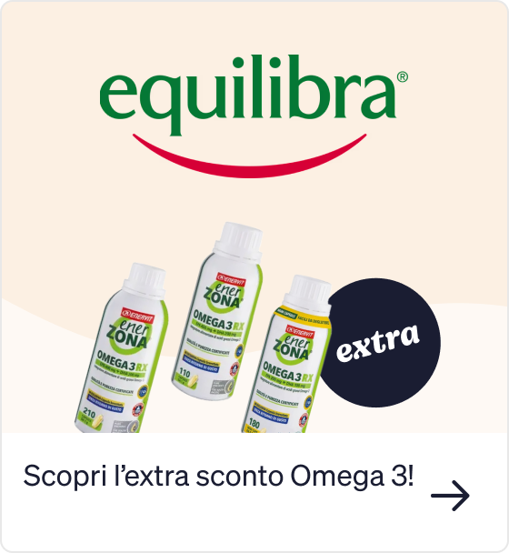 Equilibra logo above three EnerZona Omega‑3 RX supplement bottles with 'extra' badge and Italian promotional text