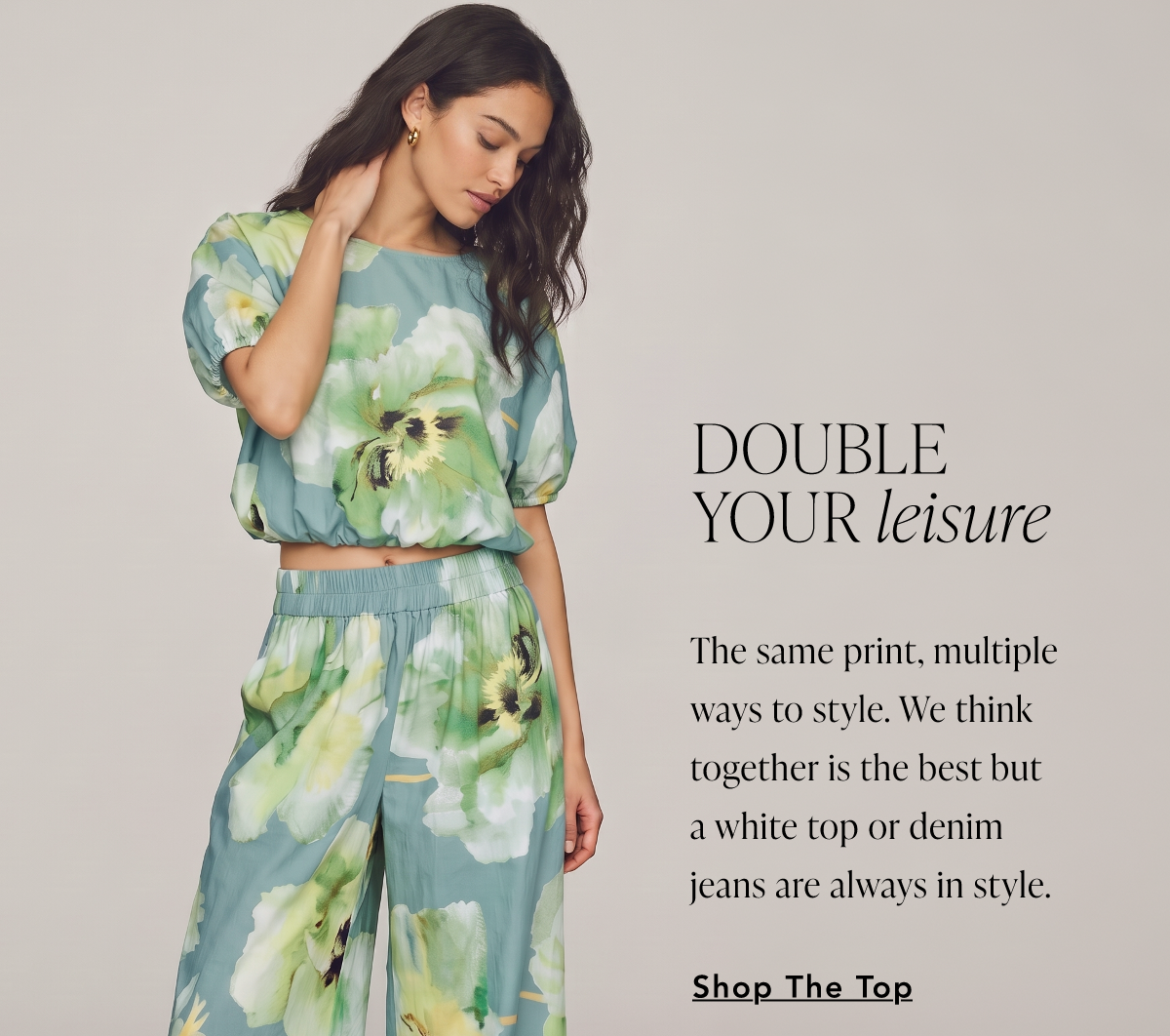 Round Neck Elastic Waist Flower Print Balloon Crop Blouse