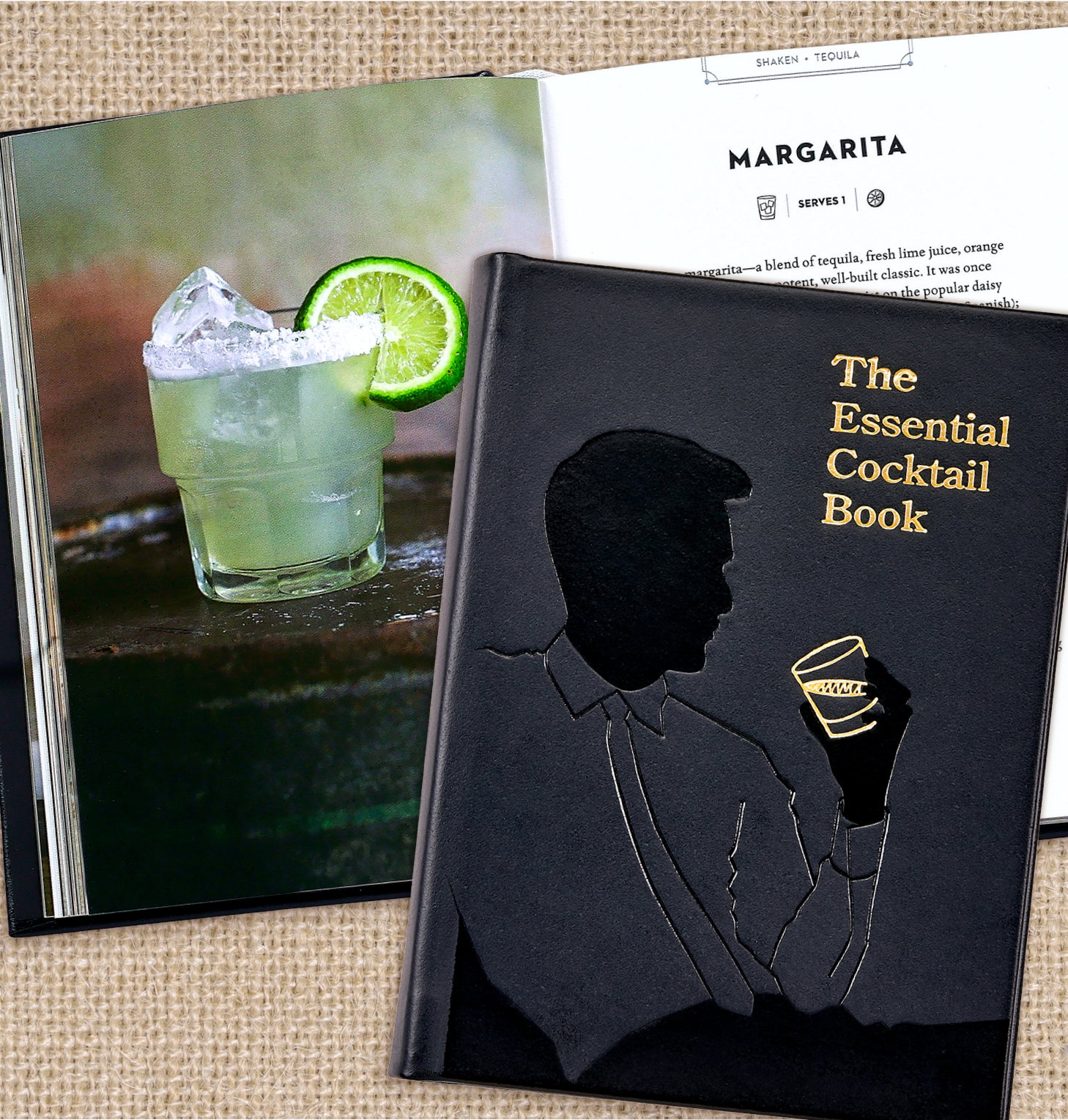 A leather-bound edition of The Essential Cocktail Book.