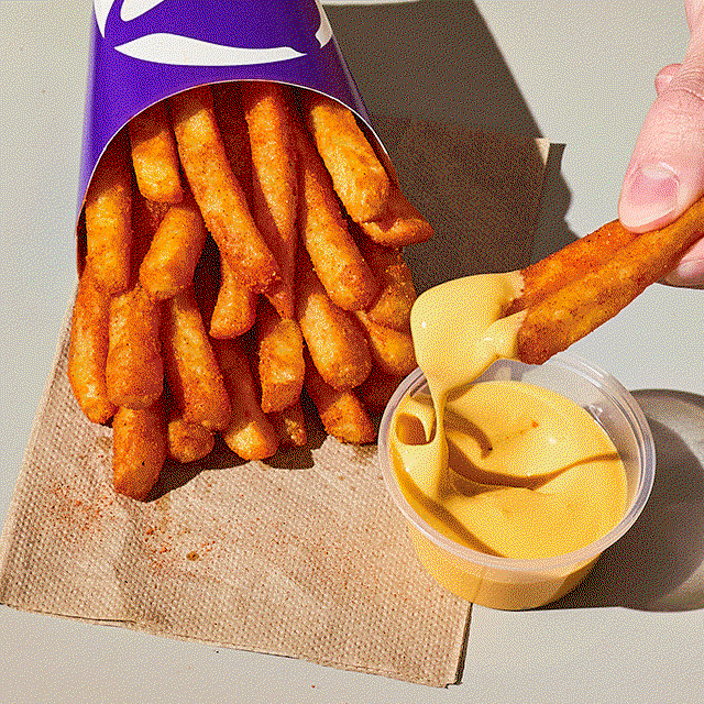 Alternating images of a Taco Bell Nacho Fries and a Taco Bell Meximelt®.