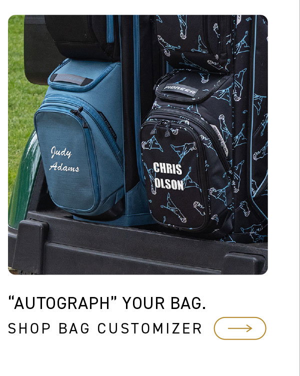 Lifestyle shot of customized cart bags. "Autograph" your bag. Click to shop bag customizer.