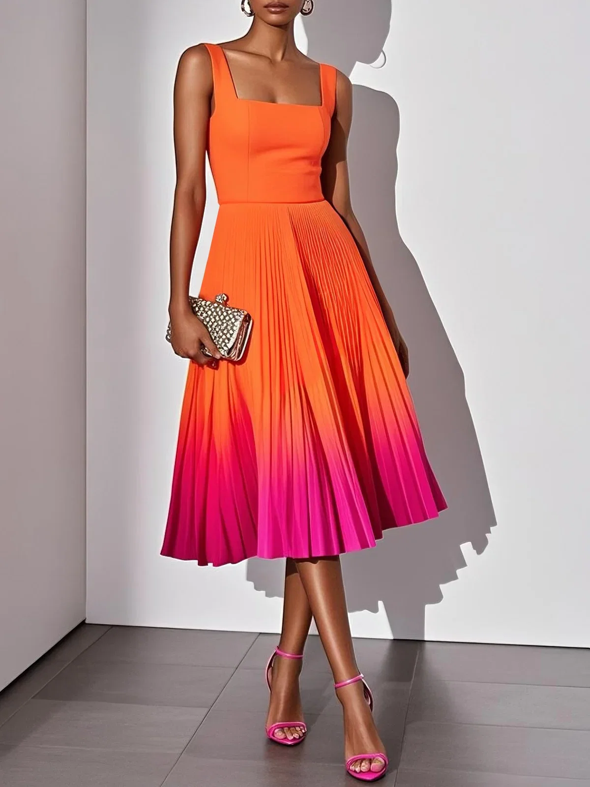Orange Ombre Pleated Classic Square Neck Sleeveless A-Line Midi Dress