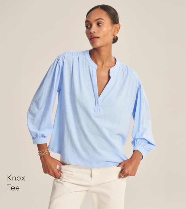Image shows a model wearing the Knox Tee in Sailboat.