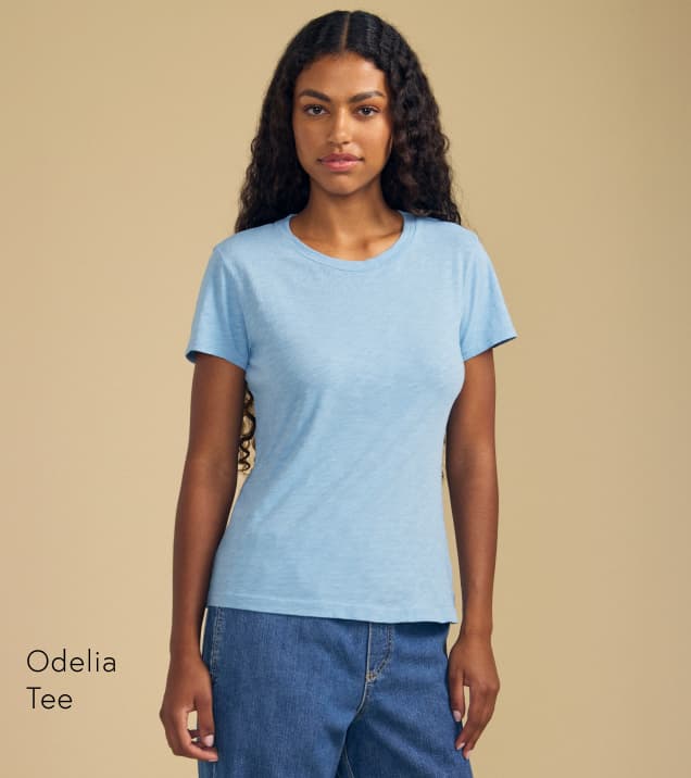 Image shows a model wearing the Odelia Tee in Pacific.