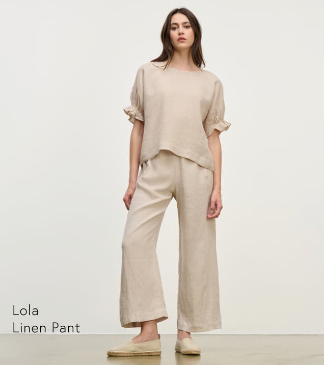 Image shows a model wearing the Lola Linen Pants in Cobble.