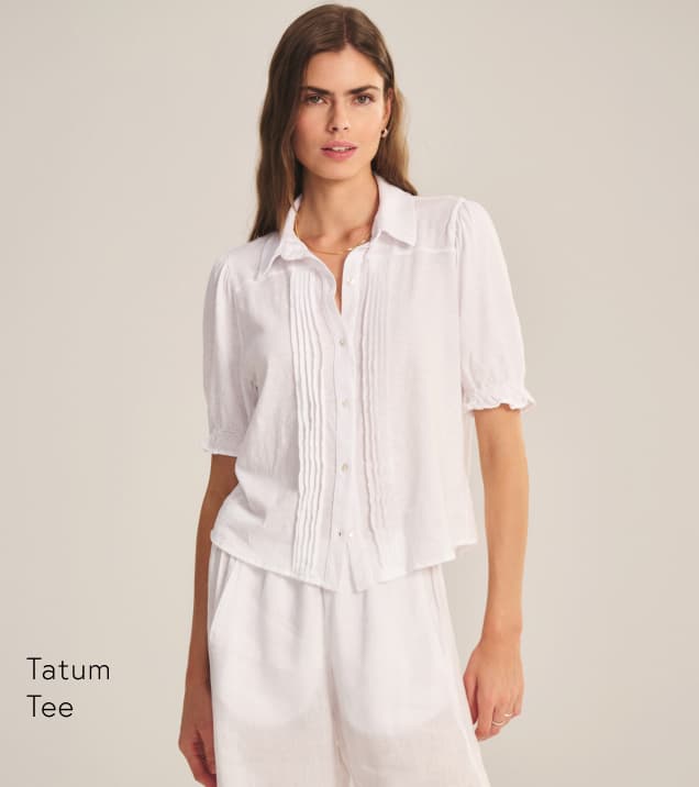 Image shows a model wearing the Tatum Tee in White.