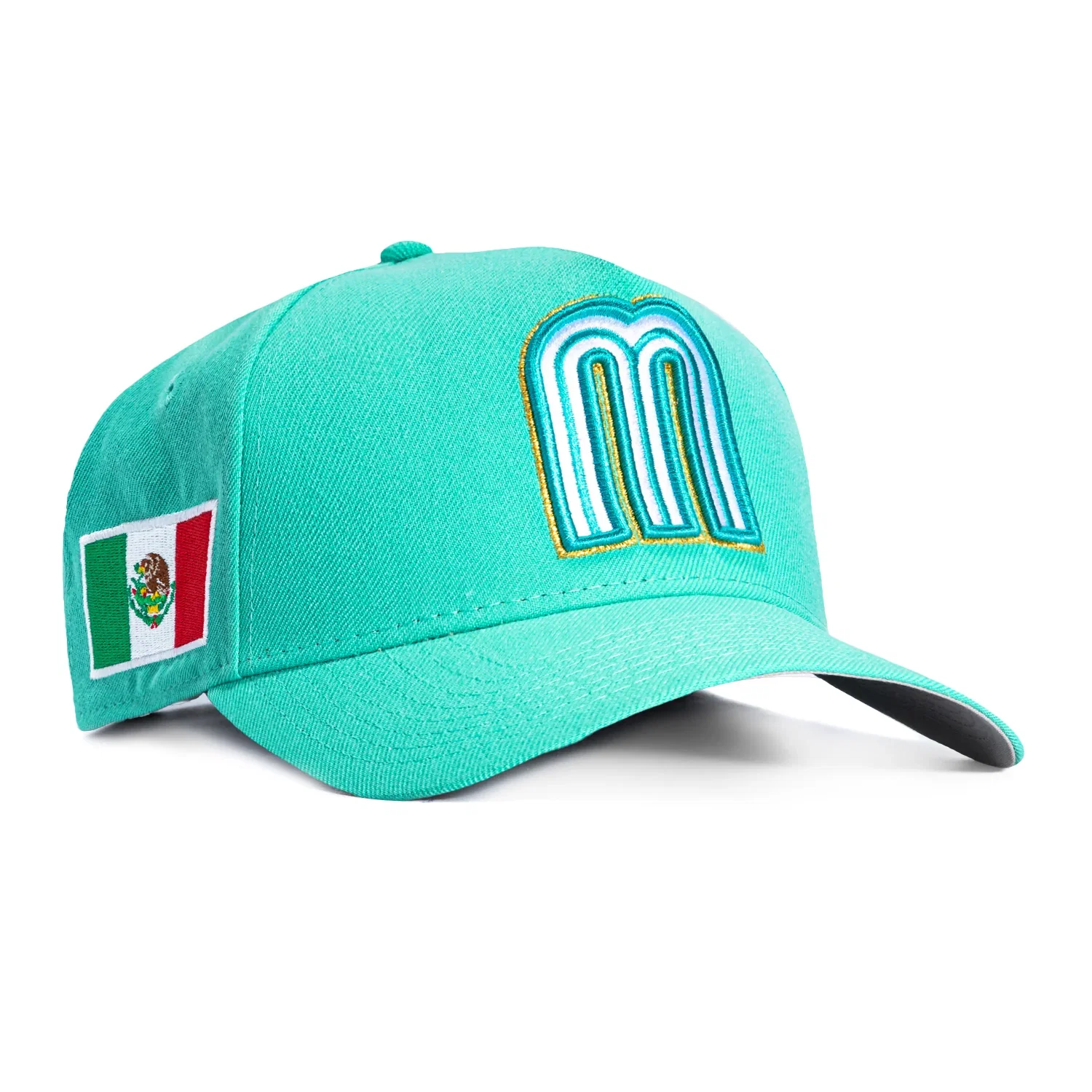 Image of New Era 9Forty A-Frame Mexico World Baseball Classic Mexico Flag Patch Snapback Hat - Mint, Metallic Gold