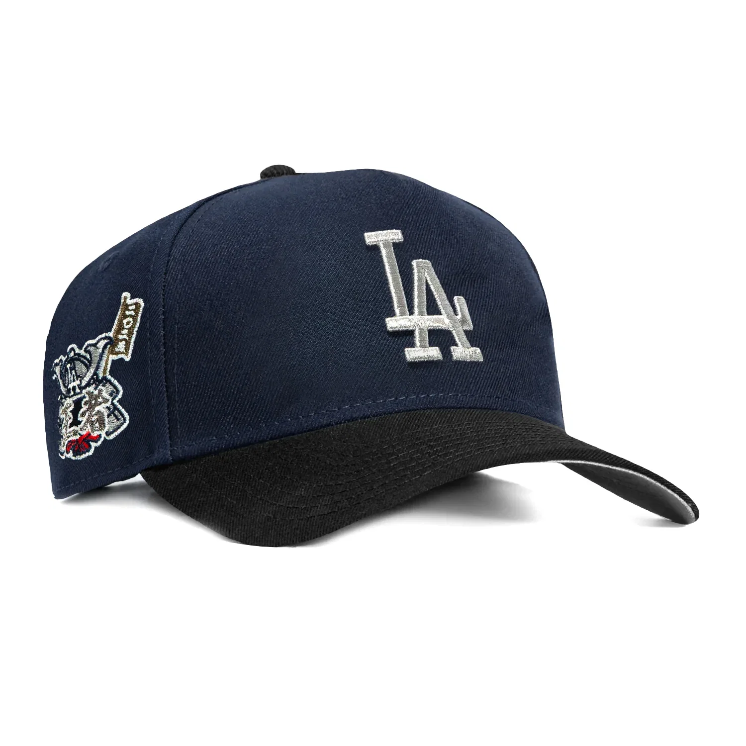 Image of New Era 9Forty A-Frame Los Angeles Dodgers 2025 World Series Patch Snapback Shogun Hat - Navy, Black, Metallic Silver
