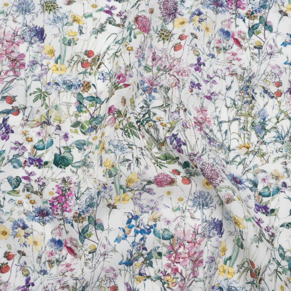 Image of Liberty Fabrics Tana Lawn® - Wild Flowers Multi Pastel - Green, Bright Pink and Yellow Botanical Illustrations