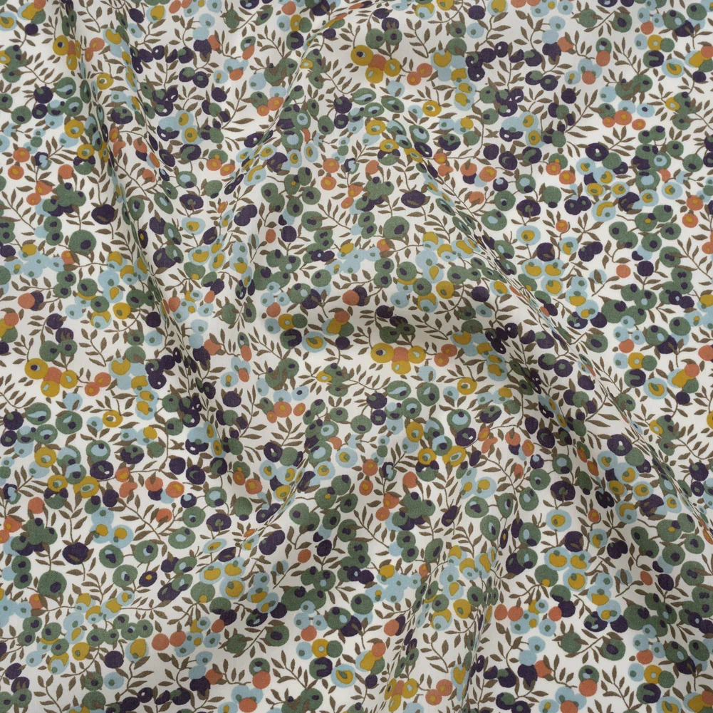 Image of Liberty Fabrics Tana Lawn® - Wiltshire Green - Olive, Sky Blue and Brown Leaves and Berries
